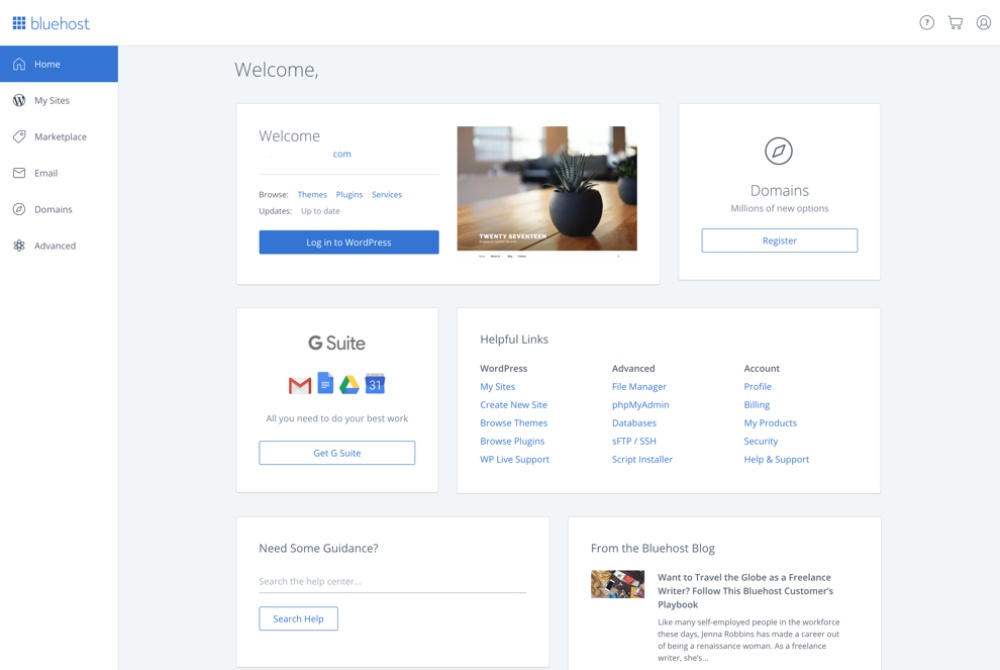 bluehost hosting dashboard