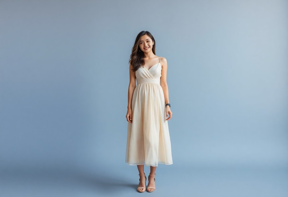 woman wearing an off white pastel dress